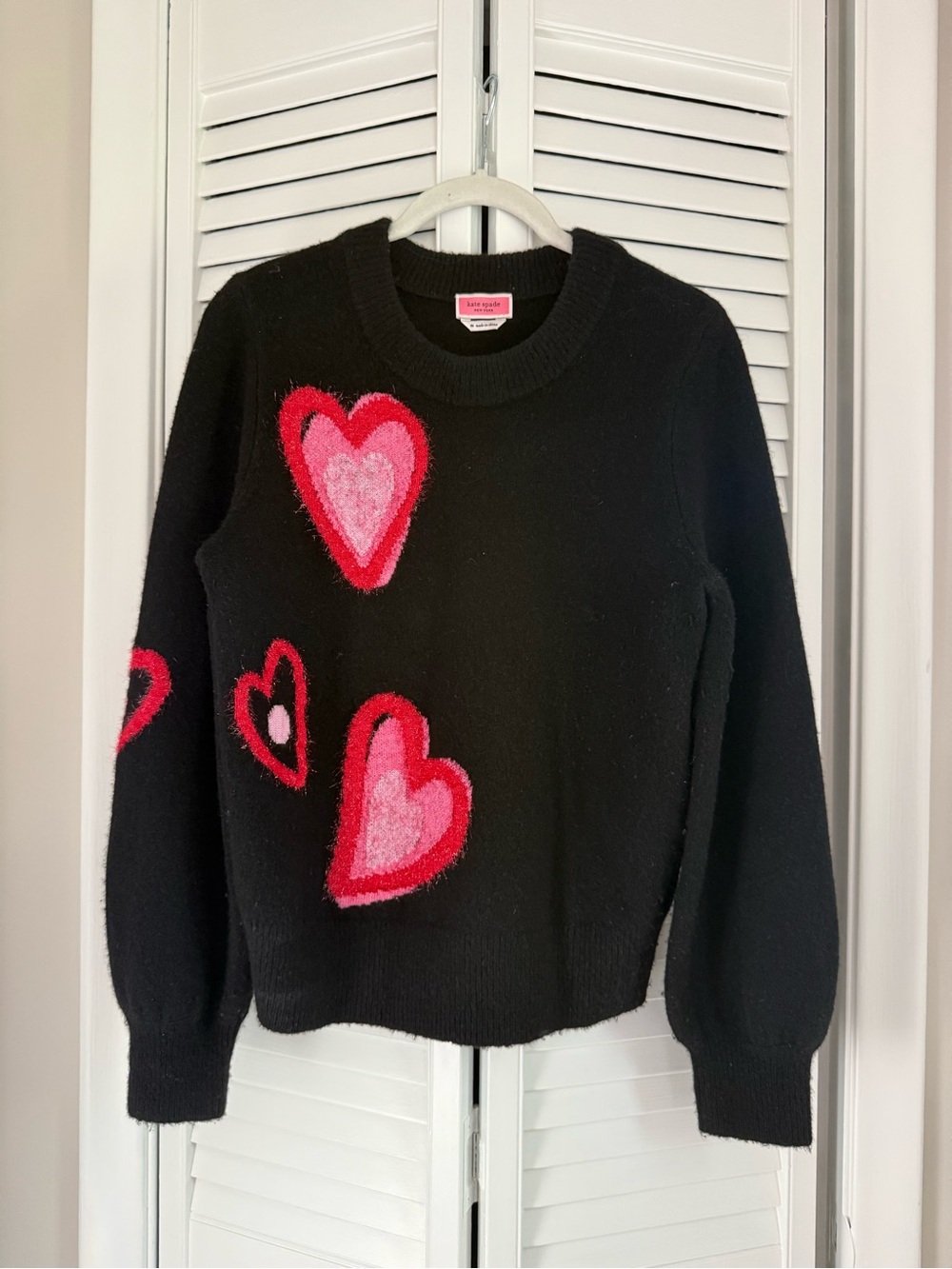 kate spade Black Crewneck Sweater with Pink and Red Heart Accents
